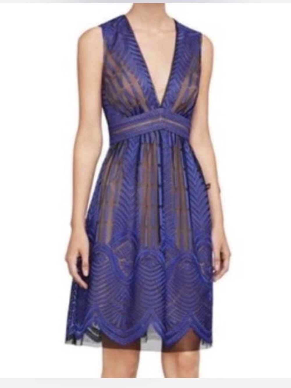 BCBGMaxAzria Blue and tan V-Neck Lace Cocktail Dress